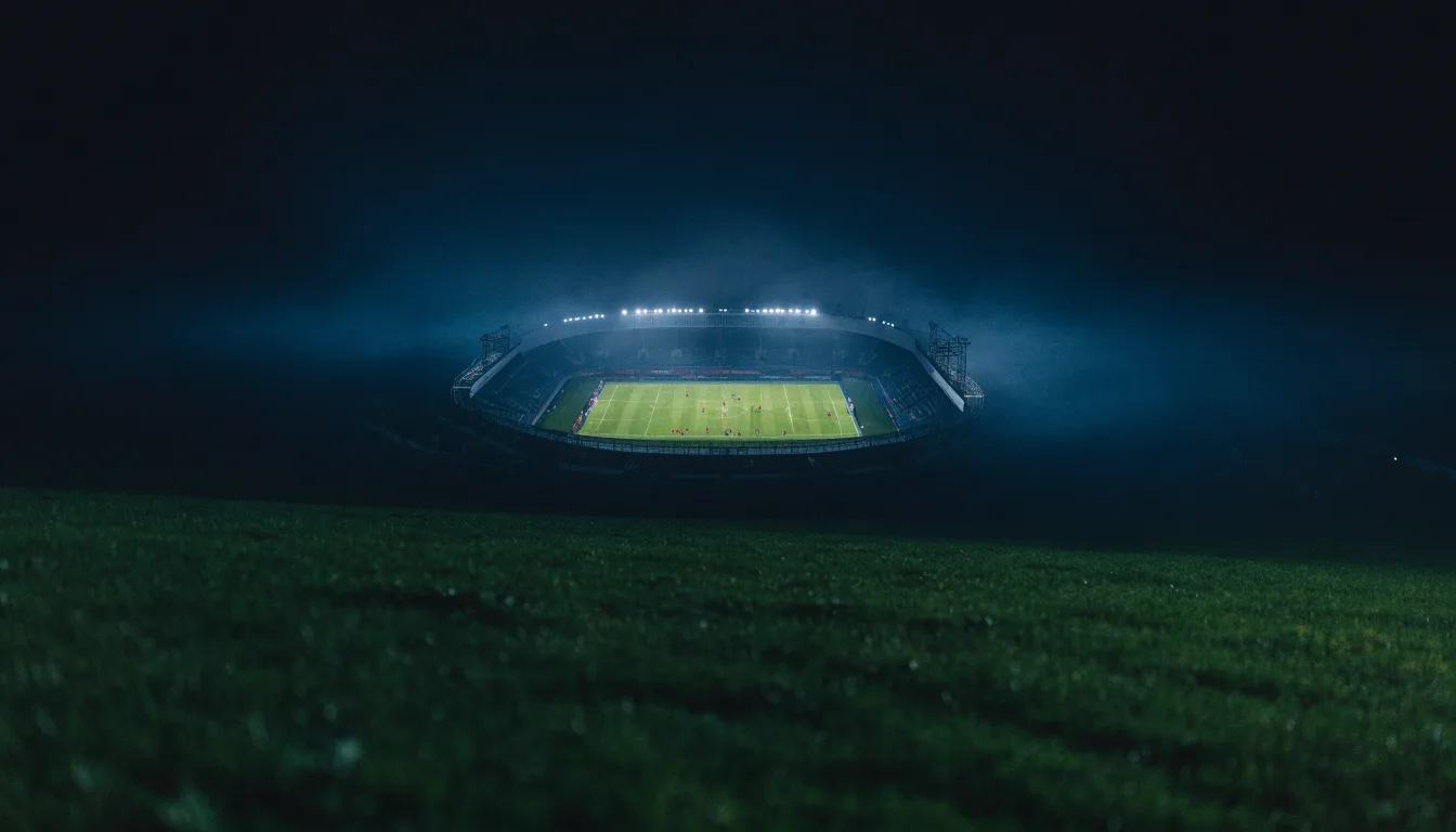 Ein Stadion unter Flutlicht, aus großer Entfernung über eine dunkle Wiese fotografiert, am Himmel zieht Nebel auf.