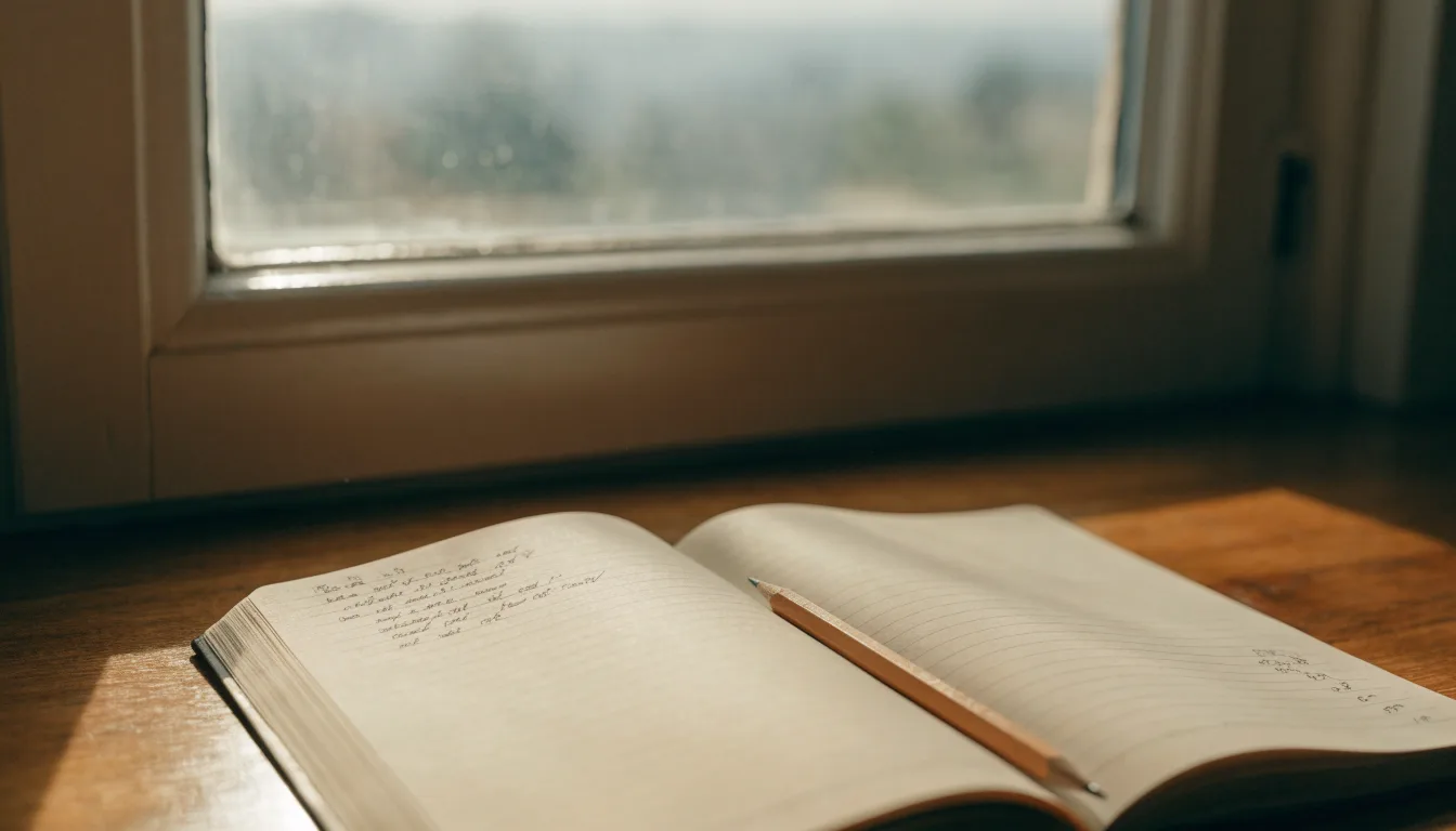 Ein Notizbuch mit handschriftlichen Notizen und ein Bleistift liegen auf einem Schreibtisch am Fenster, draußen fällt Morgenlicht herein.