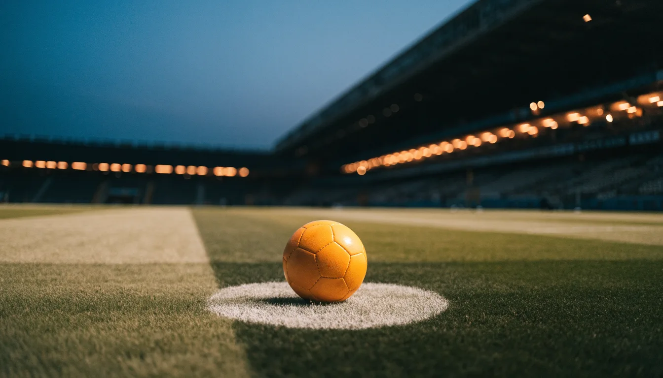 Ein Fußball liegt auf dem Anstoßpunkt eines leeren Rasenplatzes, im Hintergrund steht ein Stadion unter Flutlicht in der Dämmerung.