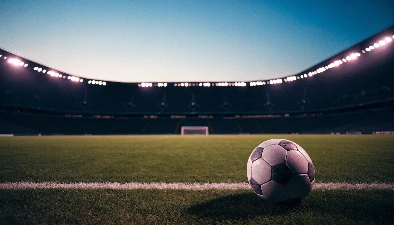 Ein Fußball liegt auf dem Rasen eines leeren Platzes, im Hintergrund ein Stadion unter Flutlicht in der Abenddämmerung.