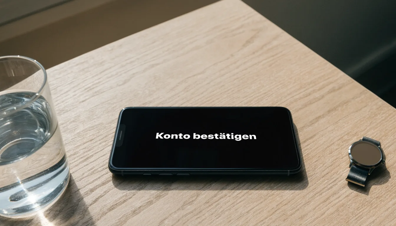 Ein Smartphone liegt mit dem Display nach unten auf einem Küchentisch, daneben stehen ein Glas Wasser und eine Armbanduhr.