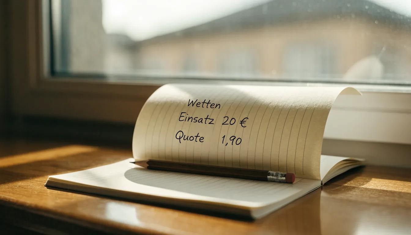 Ein Notizbuch mit handschriftlichen Notizen und ein Bleistift liegen auf einem Schreibtisch am Fenster, draußen fällt Morgenlicht herein.