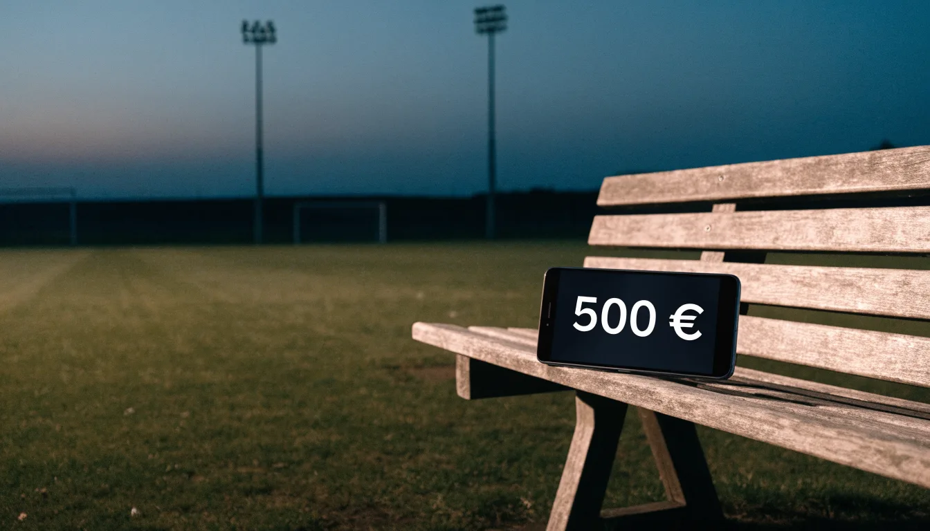 Eine leere Parkbank am Rand eines Fußballfelds in der Abenddämmerung, im Hintergrund ragen dunkle Flutlichtmasten in den Himmel.