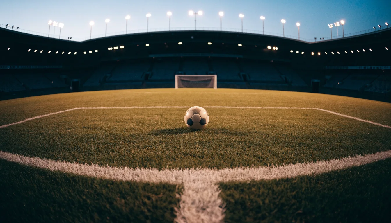 Ein Fußball liegt auf dem Anstoßpunkt eines leeren Rasenplatzes, im Hintergrund steht ein Stadion unter Flutlicht in der Dämmerung.