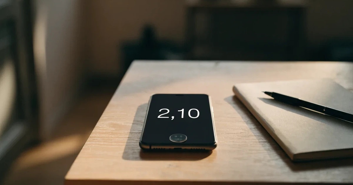 Ein Smartphone liegt neben einem Notizbuch und einem Kugelschreiber auf einem hellen Schreibtisch, das Display ist ausgeschaltet.