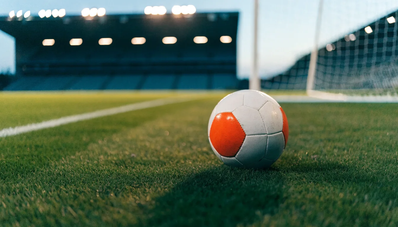 Ein Fußball liegt auf dem Rasen eines leeren Platzes, im Hintergrund ein Stadion unter Flutlicht in der Abenddämmerung.
