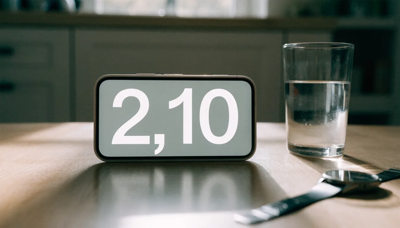 Ein Smartphone liegt mit dem Display nach unten auf einem Küchentisch, daneben stehen ein Glas Wasser und eine Armbanduhr.