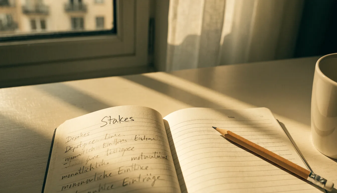Ein Notizbuch mit handschriftlichen Notizen und ein Bleistift liegen auf einem Schreibtisch am Fenster, draußen fällt Morgenlicht herein.