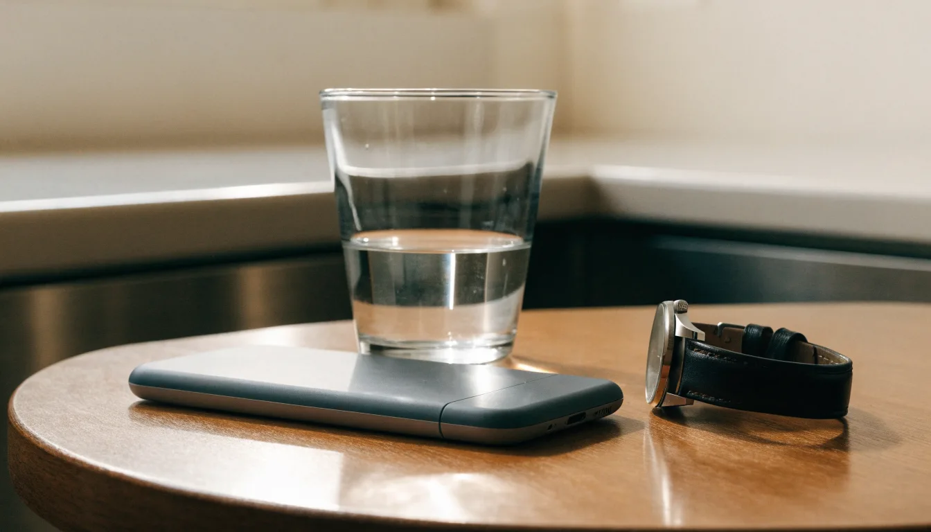 Ein Smartphone liegt mit dem Display nach unten auf einem Küchentisch, daneben stehen ein Glas Wasser und eine Armbanduhr.