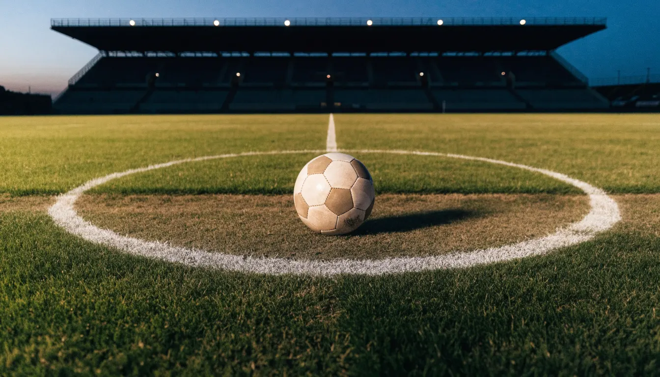 Ein Fußball liegt auf dem Anstoßpunkt eines leeren Rasenplatzes, im Hintergrund steht ein Stadion unter Flutlicht in der Dämmerung.