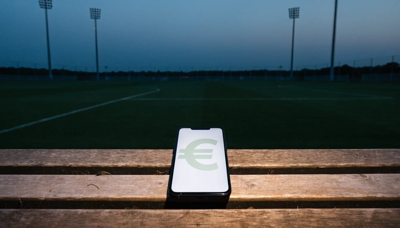 Eine leere Parkbank am Rand eines Fußballfelds in der Abenddämmerung, im Hintergrund ragen dunkle Flutlichtmasten in den Himmel.