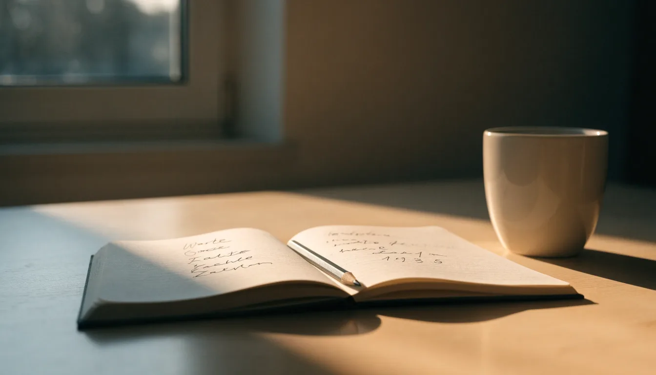 Ein Notizbuch mit handschriftlichen Notizen und ein Bleistift liegen auf einem Schreibtisch am Fenster, draußen fällt Morgenlicht herein.
