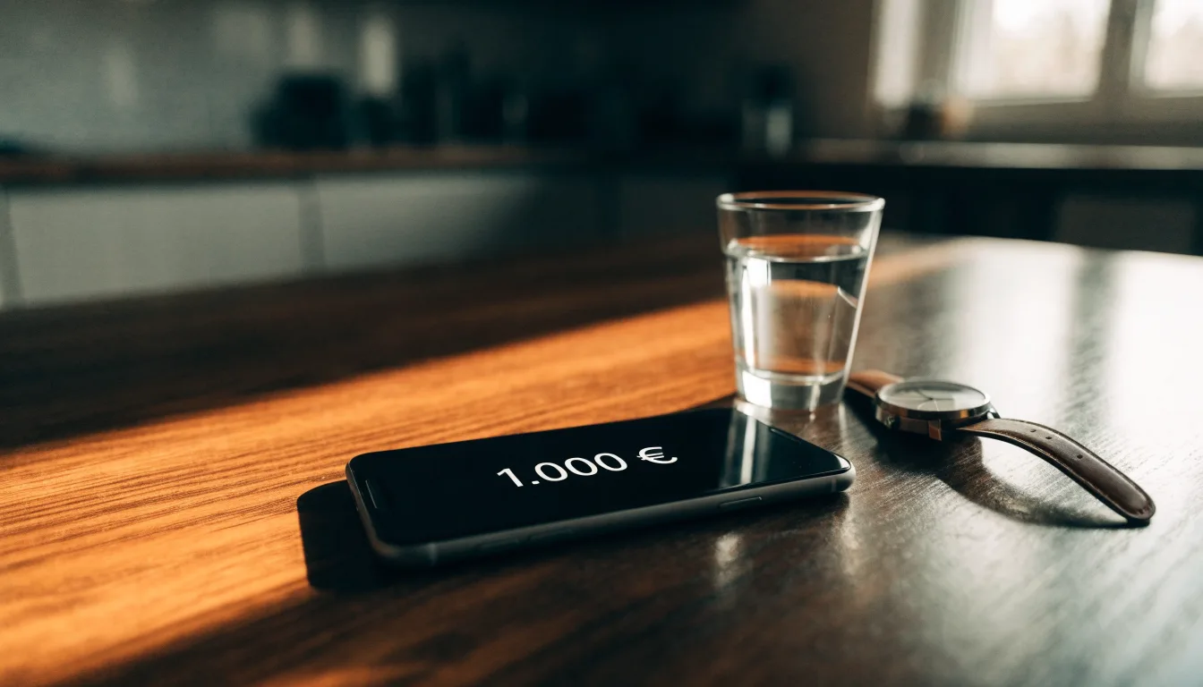 Ein Smartphone liegt mit dem Display nach unten auf einem Küchentisch, daneben stehen ein Glas Wasser und eine Armbanduhr.