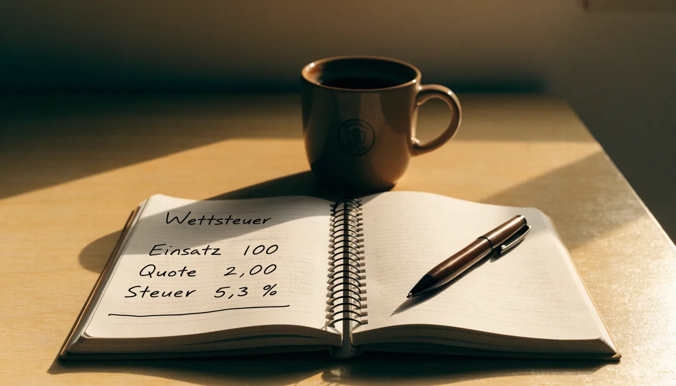 Ein Notizbuch mit handschriftlichen Rechnungen und ein Taschenrechner liegen auf einem Schreibtisch neben einer Tasse Kaffee im Licht des frühen Morgens.
