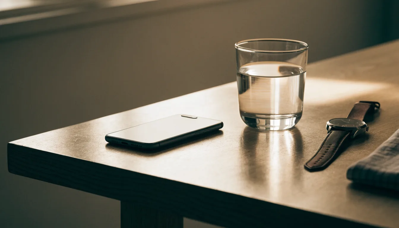 Ein Smartphone liegt mit dem Display nach unten auf einem Küchentisch, daneben stehen ein Glas Wasser und eine Armbanduhr.