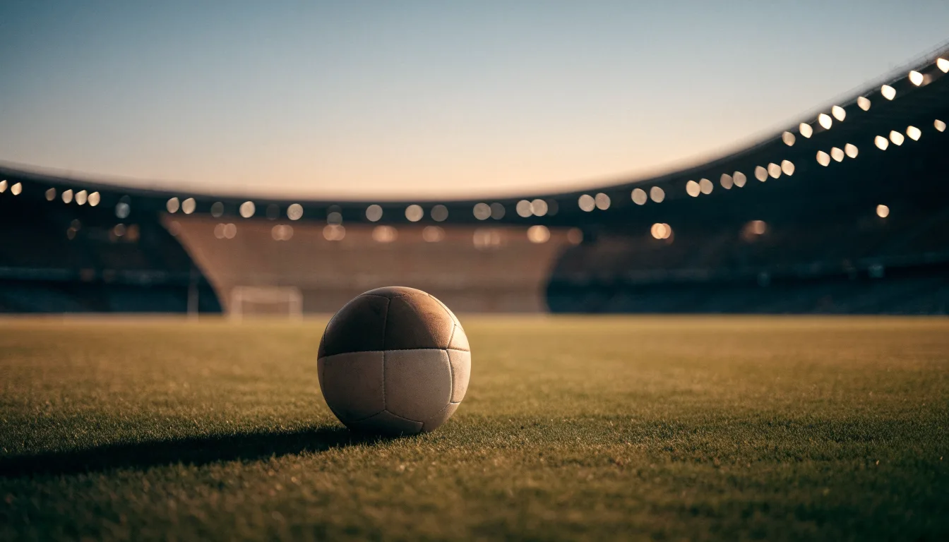 Ein Fußball liegt auf dem Rasen eines leeren Platzes, im Hintergrund ein Stadion unter Flutlicht in der Abenddämmerung.