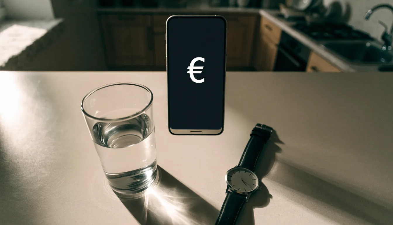 Ein Smartphone liegt mit dem Display nach unten auf einem Küchentisch, daneben stehen ein Glas Wasser und eine Armbanduhr.