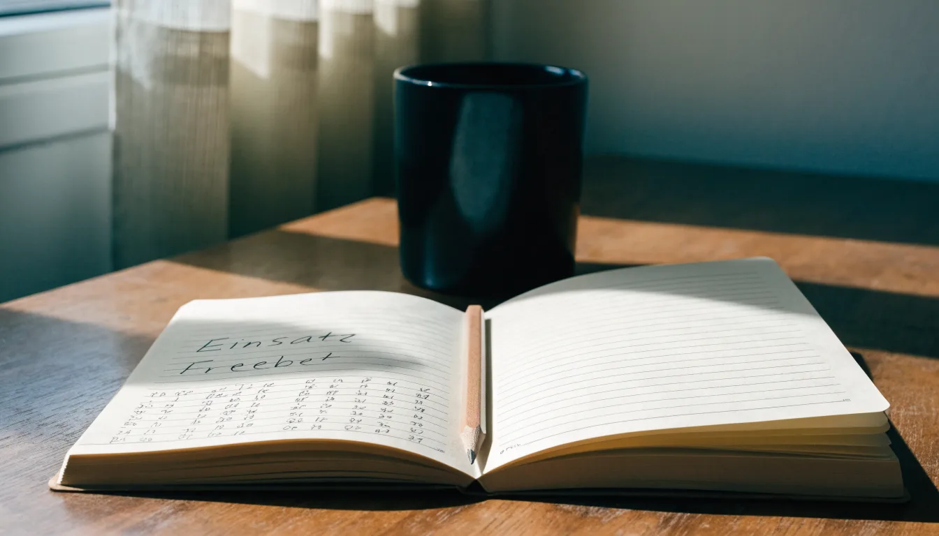 Ein Notizbuch mit handschriftlichen Notizen und ein Bleistift liegen auf einem Schreibtisch am Fenster, draußen fällt Morgenlicht herein.