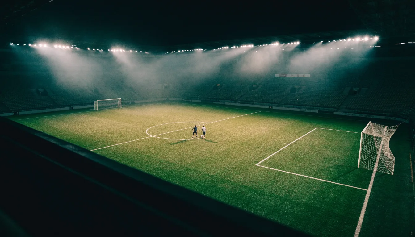 Ein Stadion unter Flutlicht, aus großer Entfernung über eine dunkle Wiese fotografiert, am Himmel zieht Nebel auf.