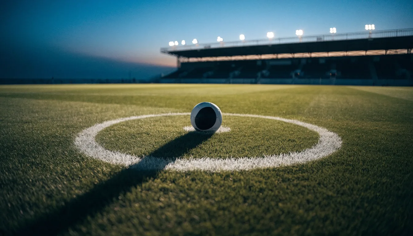 Ein Fußball liegt auf dem Anstoßpunkt eines leeren Rasenplatzes, im Hintergrund steht ein Stadion unter Flutlicht in der Dämmerung.