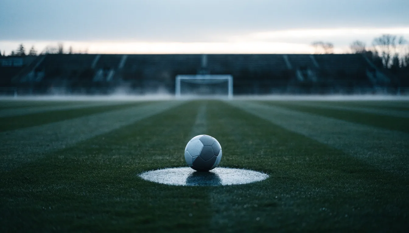 Ein Fußball liegt auf dem Anstoßpunkt eines leeren Rasenplatzes in der Morgendämmerung, im Hintergrund eine leere Tribüne.