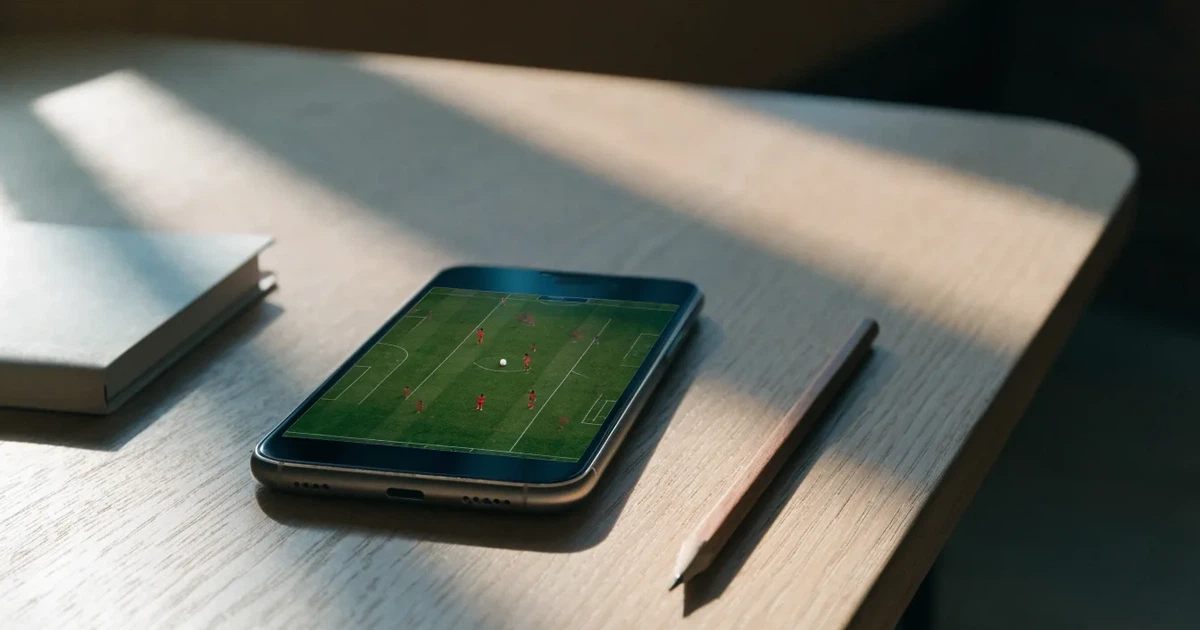 Mehrere Smartphones liegen mit dem Display nach unten neben einem Notizblock und einem Bleistift auf einem hellen Holztisch, seitliches Morgenlicht.