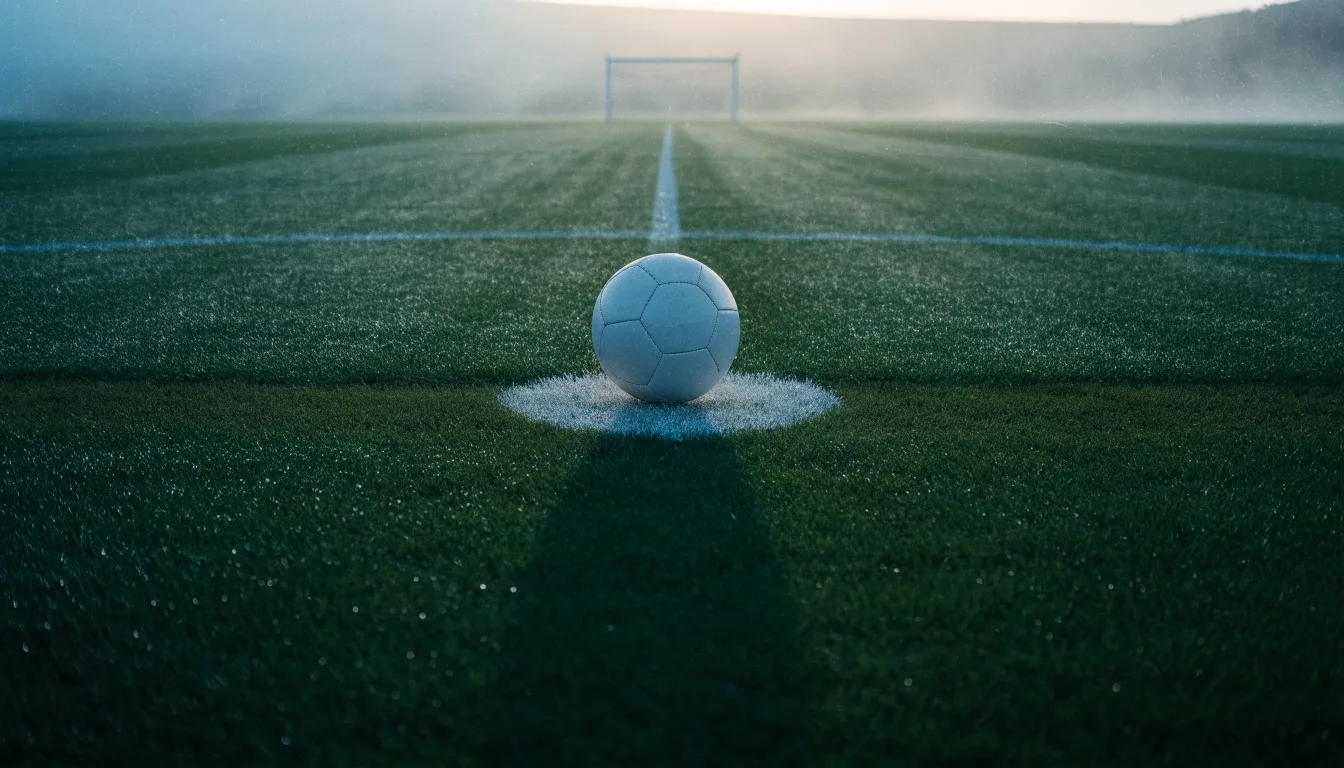 Ein Fußball ruht auf dem Mittelkreis eines leeren Rasenplatzes in der Morgendämmerung, Tau liegt auf dem Gras.