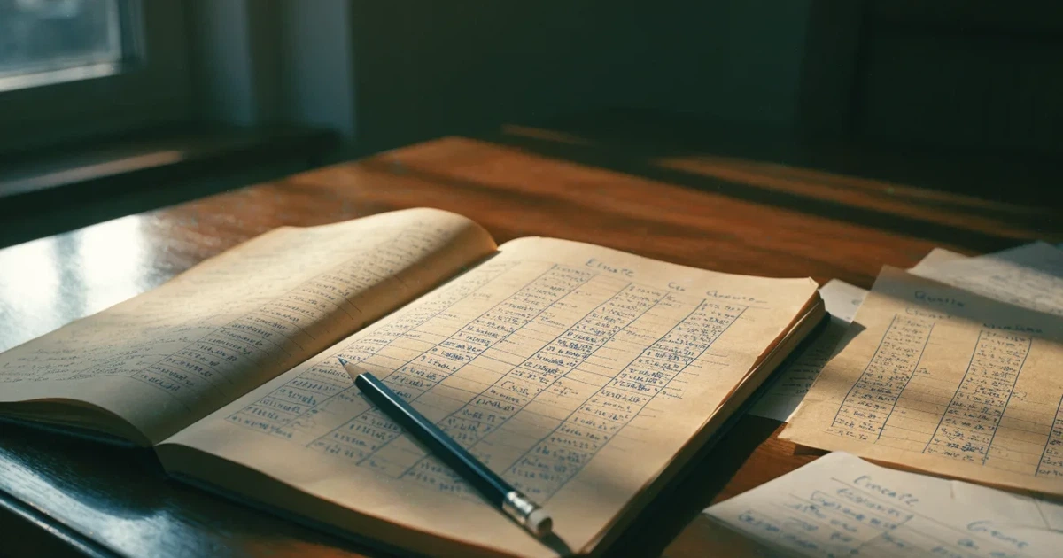 Ein Notizbuch mit handschriftlichen Spalten und Strichlisten liegt neben einem Taschenrechner und einem Bleistift auf einem Schreibtisch.