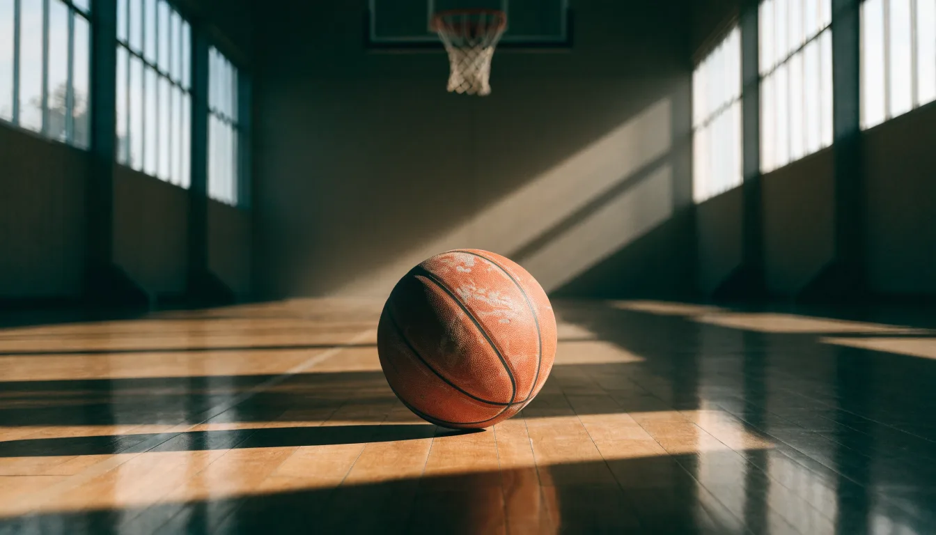 Ein Basketball liegt auf dem Hallenboden unter einem Korb, das Netz hängt ruhig, Morgenlicht fällt durch hohe Fenster.