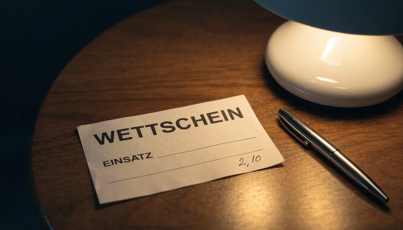 Ein leerer Wettschein aus Papier und ein Kugelschreiber liegen auf einer Tischplatte neben einer kleinen Tischlampe.