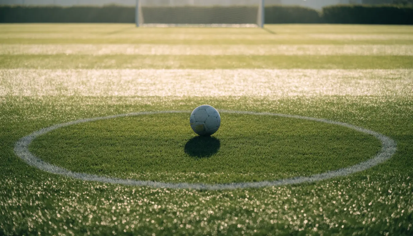 Ein Fußball liegt auf dem Anstoßkreis eines leeren Rasenplatzes im Licht der Morgensonne.