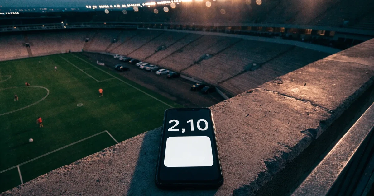 Ein Fußballstadion unter Flutlicht aus großer Entfernung, davor ein dunkler Parkplatz und ein heller Abendhimmel.