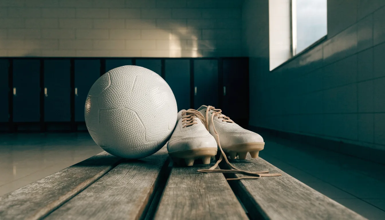Ein Fußball liegt neben einem Paar Fußballschuhen ohne Markenzeichen auf einer Holzbank in einer leeren Umkleide.