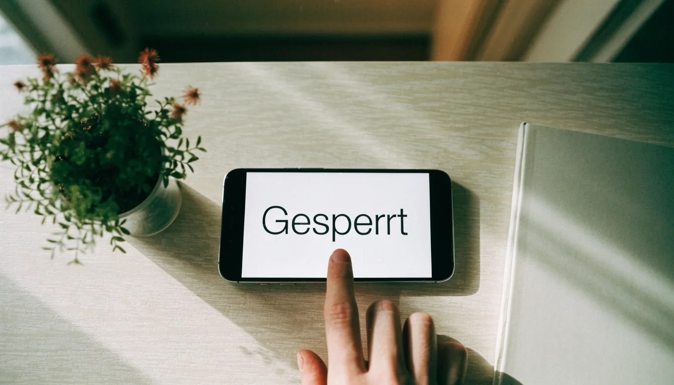 Eine Messingwaage steht auf einem hellen Schreibtisch neben einer Pflanze, Tageslicht fällt durch ein Fenster.