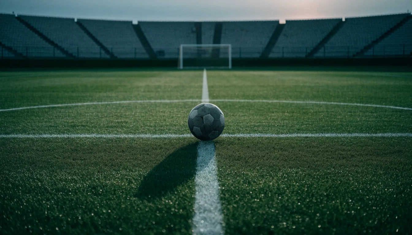 Ein Fußball liegt auf dem Anstoßpunkt eines leeren Rasenplatzes in der Morgendämmerung, im Hintergrund eine leere Tribüne.