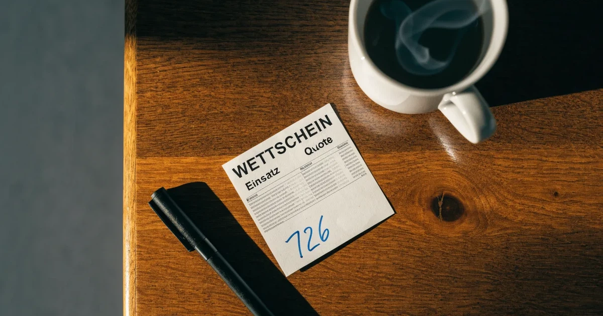 Ein leerer Wettschein aus Papier liegt neben einem Kugelschreiber und einer Tasse Kaffee auf einem Tisch, Aufnahme von oben.