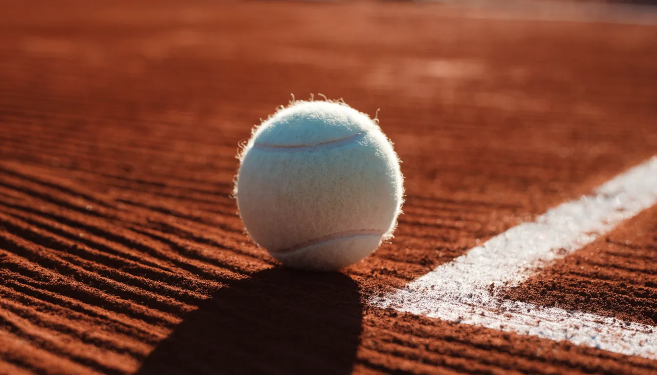 Ein einzelner Tennisball liegt auf rotem Sand neben einer weißen Linie, geringe Schärfentiefe.