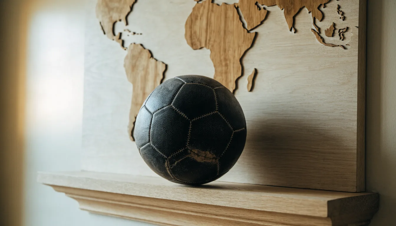 Eine Weltkarte aus Holz hängt an einer Wand, davor liegt ein Fußball auf einem Regal, ohne erkennbare Beschriftung.