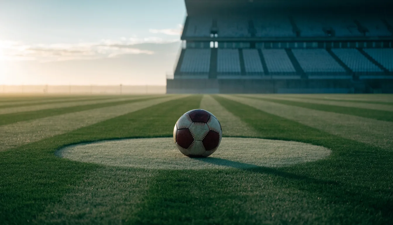 Ein Fußball liegt auf dem Anstoßpunkt eines leeren Rasenplatzes im frühen Morgenlicht, dahinter eine leere Tribüne.