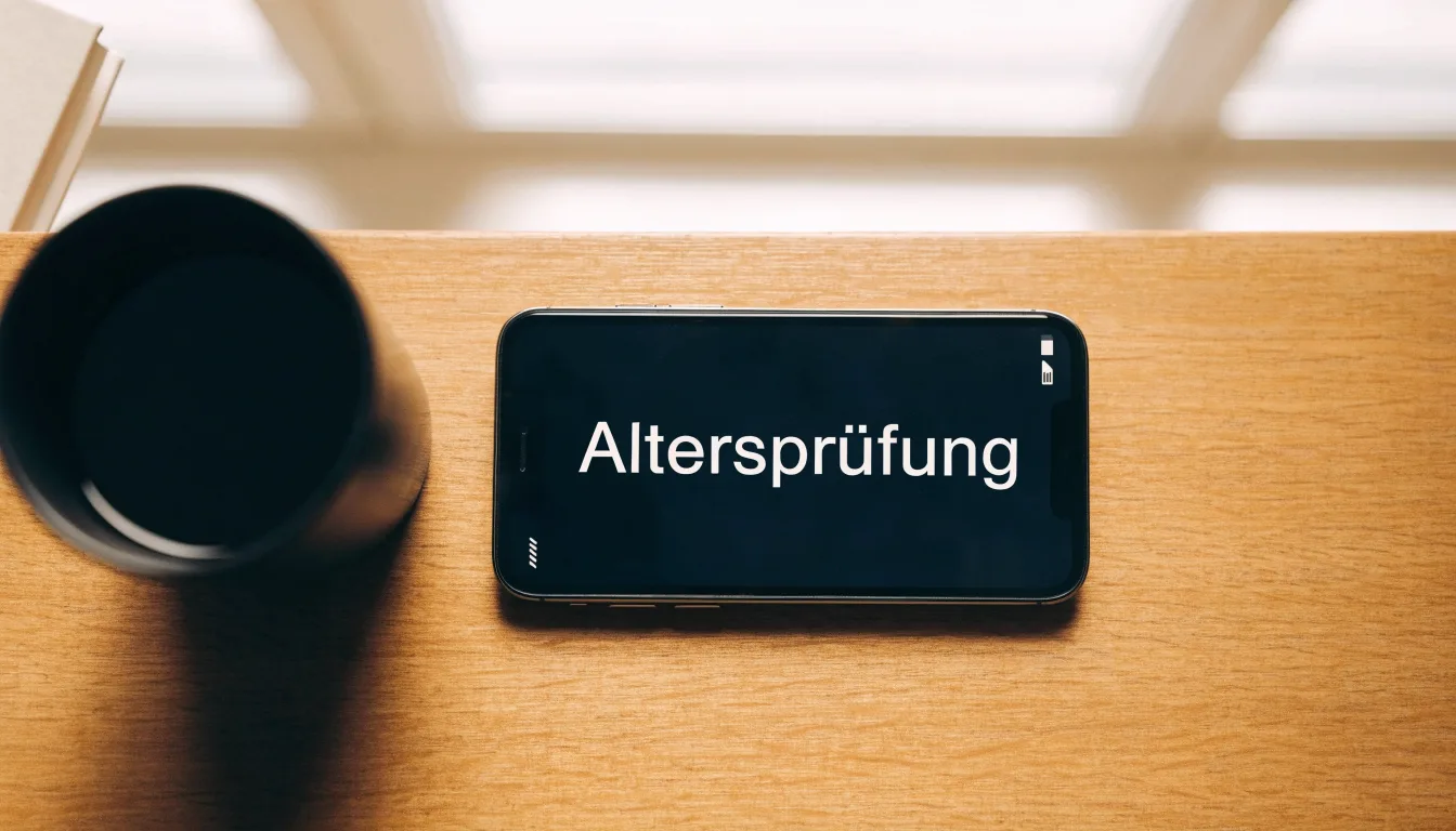 Eine Messingwaage steht auf einem Holzschreibtisch neben einer Kaffeetasse, im Hintergrund ein helles Fenster.