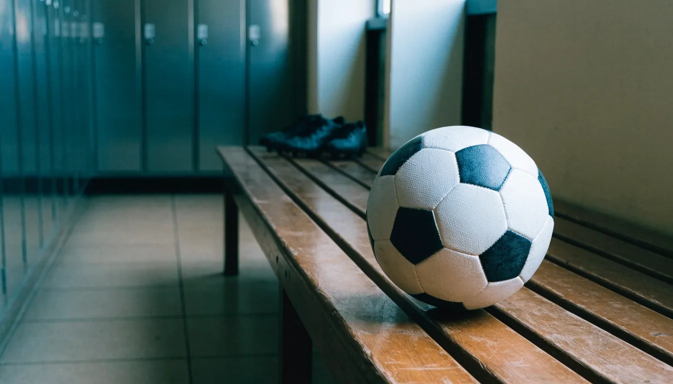 Ein Fußball liegt auf einer Holzbank in einer leeren Umkleide neben einem Paar Fußballschuhen ohne Markenzeichen.