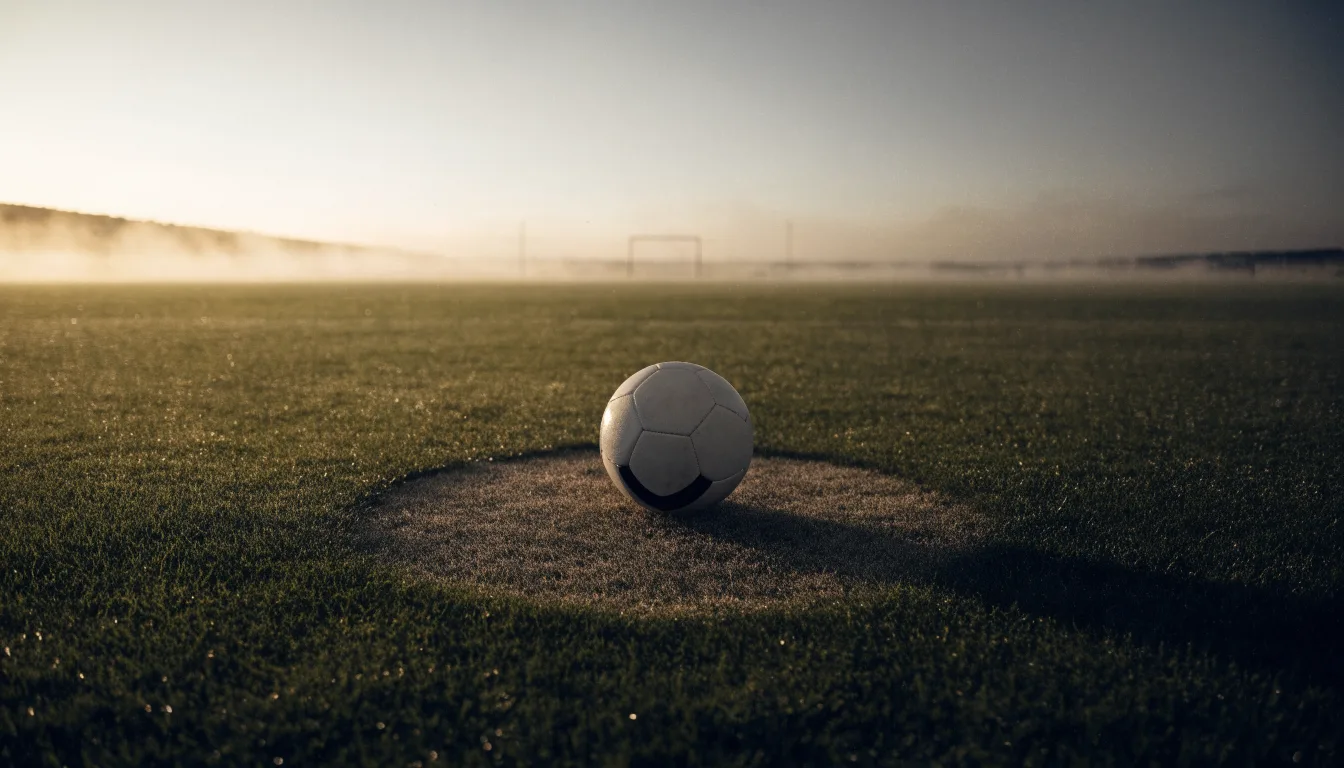 Ein Fußball ruht auf dem Mittelkreis eines leeren Rasenplatzes in der Morgendämmerung, Tau liegt auf dem Gras.