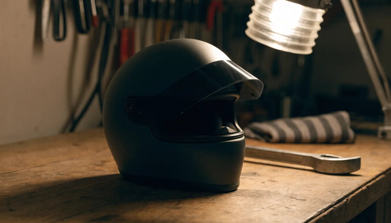 Ein schwarzer Motorradhelm ohne Aufdruck liegt auf einer Werkbank neben einem Schraubenschlüssel, warmes Licht einer Werkstatt.