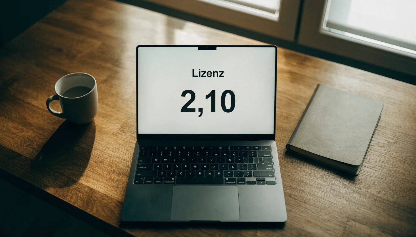 Eine Messingwaage steht auf einem Holzschreibtisch neben einer Kaffeetasse, im Hintergrund ein helles Fenster.
