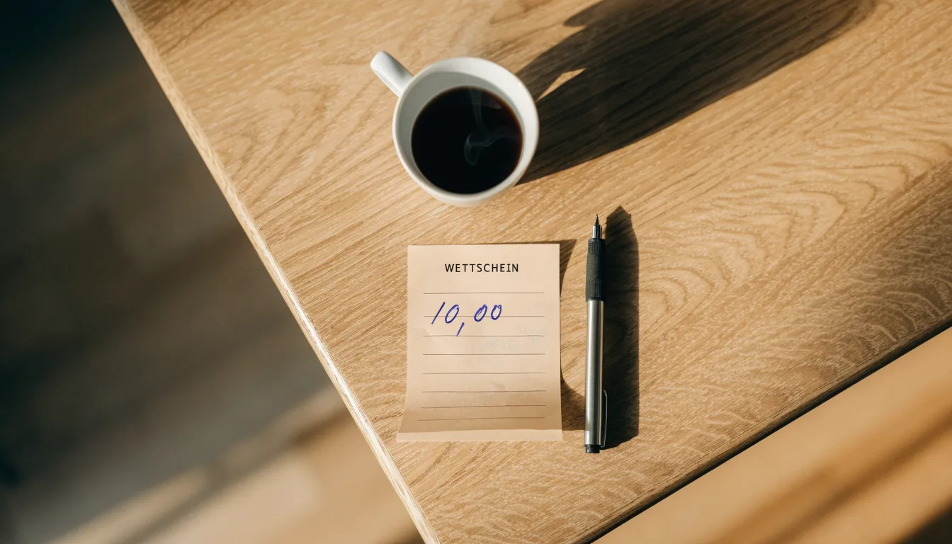 Ein leerer Wettschein aus Papier liegt neben einem Kugelschreiber und einer Tasse Kaffee auf einem Holztisch, Aufnahme von oben.