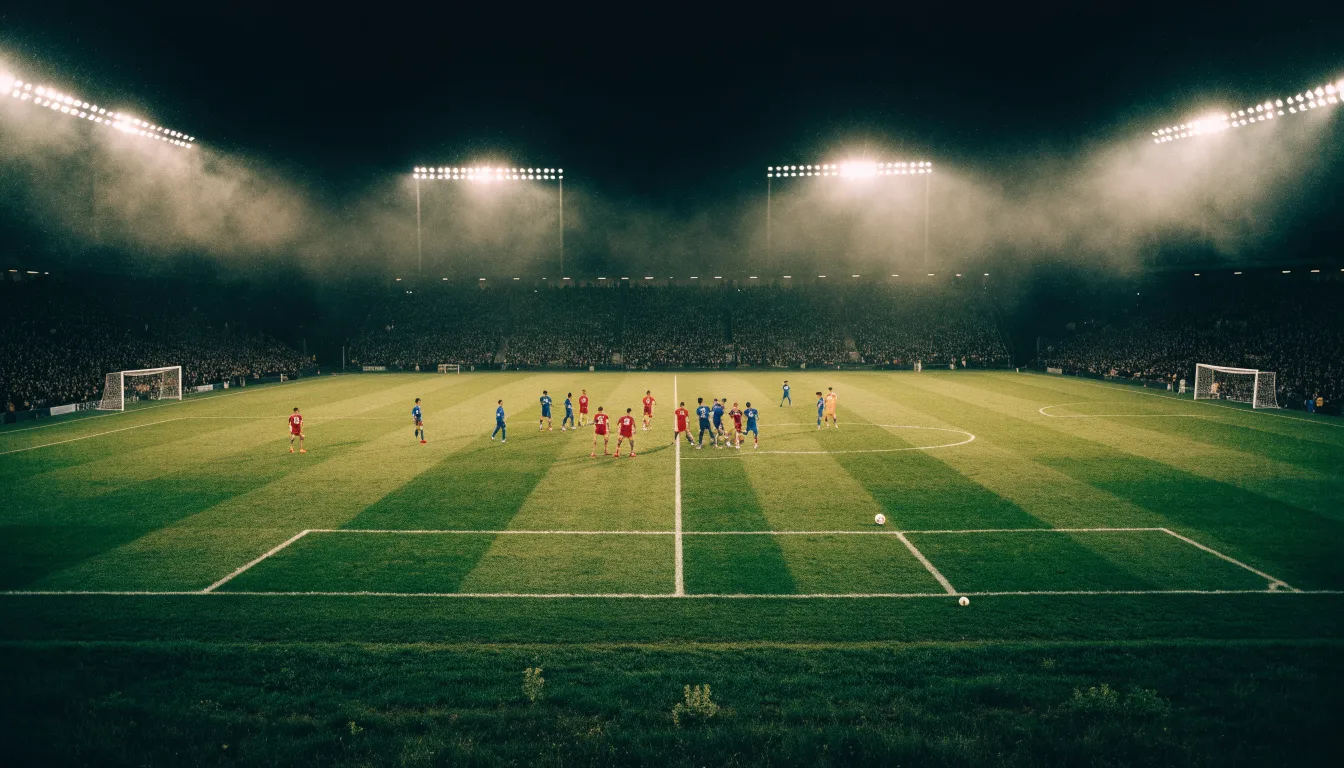 Ein großes Stadion unter Flutlicht, aus der Ferne über eine dunkle Wiese gesehen, die Lichtmasten spiegeln sich im Dunst der Abenddämmerung.