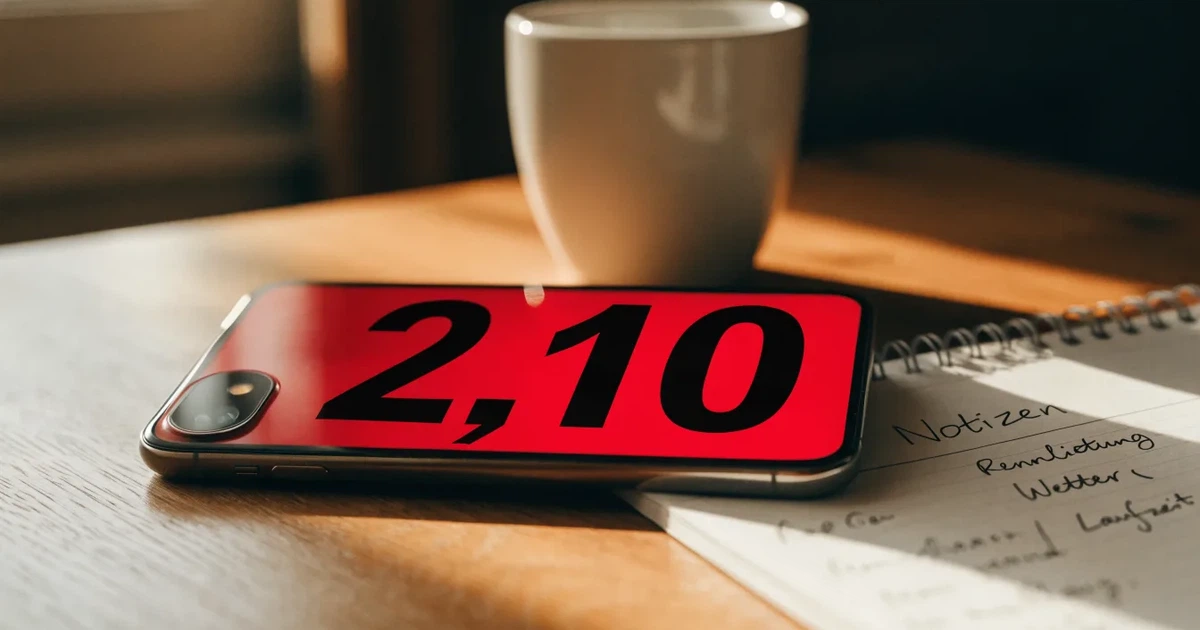 Ein Smartphone mit dunklem Display liegt neben einem Notizbuch mit handschriftlichen Notizen auf einem hellen Holztisch, daneben eine Tasse Kaffee im Morgenlicht.