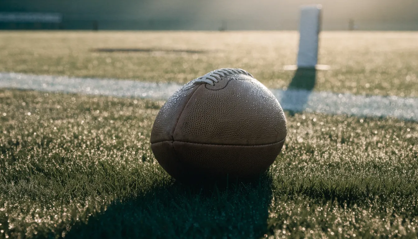 Ein ovaler Lederball mit heller Schnürung liegt auf dem Rasen vor der Endzone, Tau auf dem Gras im ersten Morgenlicht.