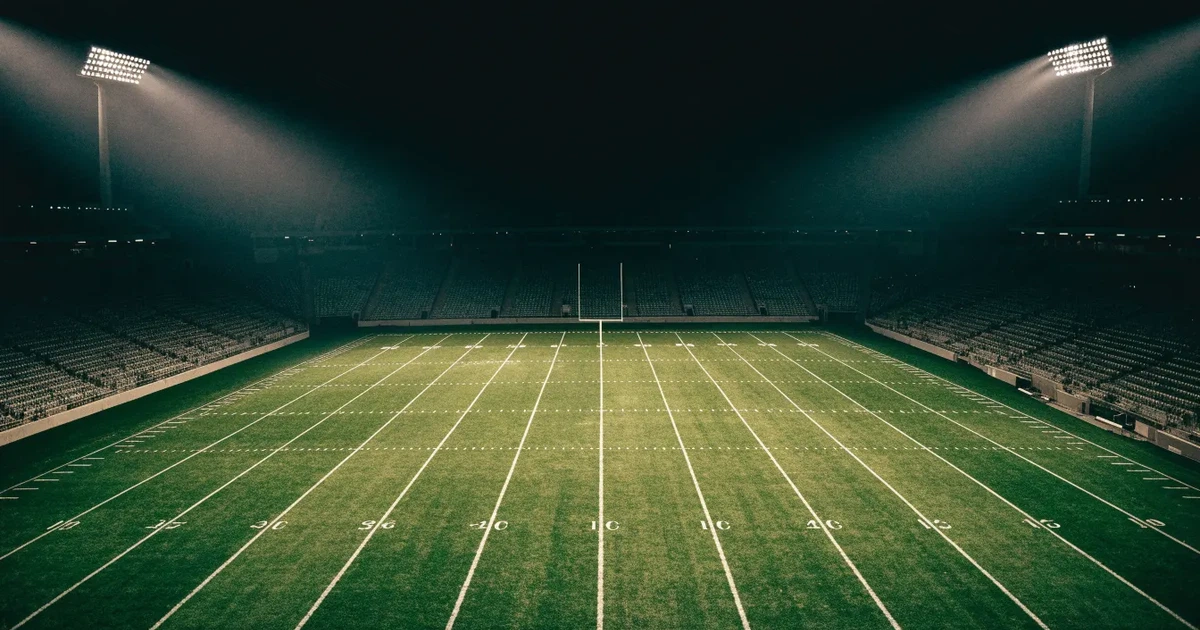 Ein American-Football-Feld mit weißen Yardlinien im Flutlicht, von einer hohen Tribüne aus gesehen, die Ränge leer, Zahlen nicht erkennbar.