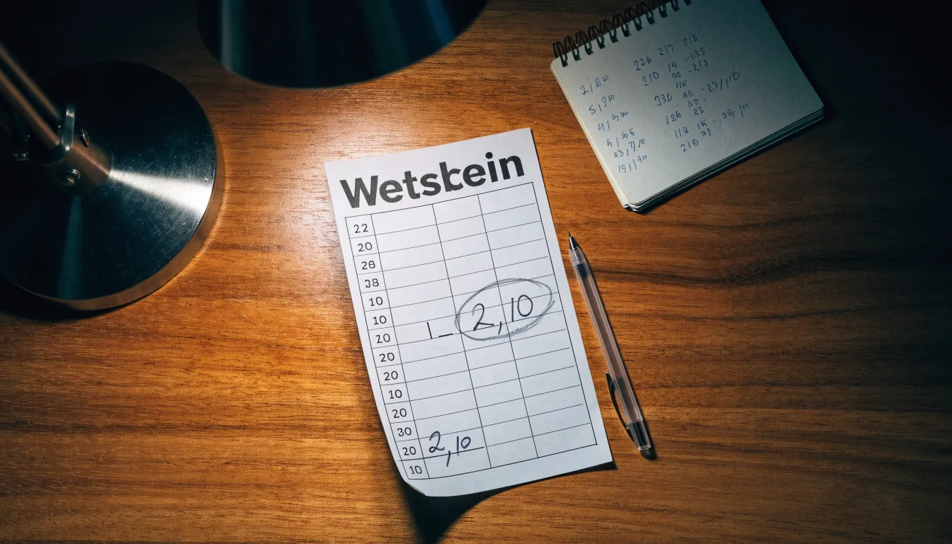 Ein leerer Papierwettschein, ein Kugelschreiber und ein Taschenrechner liegen auf einem Holztisch, warmes Licht einer Schreibtischlampe.